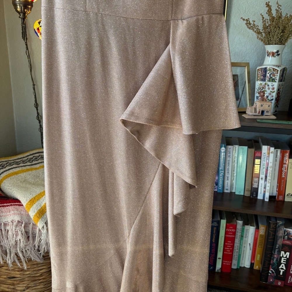 Betsy & Adam Shimmer Off Shoulder Evening Gown Champagne Formal Ruffle Dress - Picture 9 of 11
